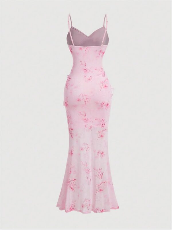 Women Wedding Guest Floral Ruffle Split Thigh Long Cami Dress Bodycon Sleeveless Dress - Image 2