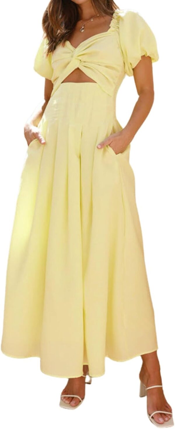 Women Summer Off The Shoulder Dresses Puff Sleeve Twist Front Cut Out A-Line Dress Casual Maxi Dress with Pockets