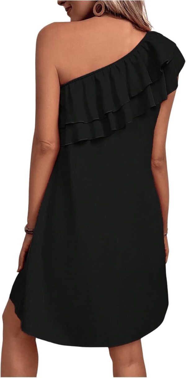 Women One Shoulder Tiered Layered Sleeveless Ruffle Trim Tunic Dress - Image 2