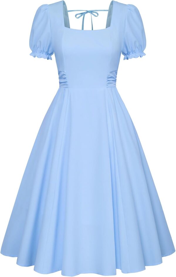 Vintage Dress for Women 1950s Cottagecore Cocktail Dresses Square Neck Puff Sleeve Dress with Pockets