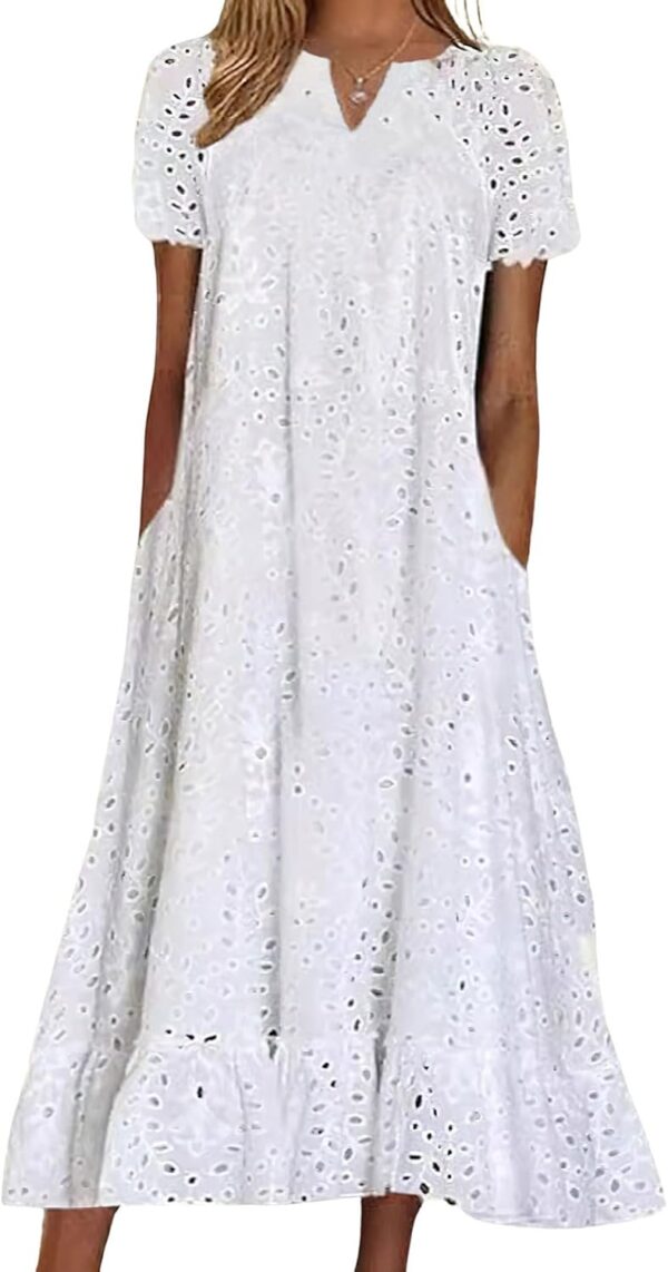 Women Summer Ruffle Hem Floral Lace Eyelet Dress Casual Notch Neck Midi Tunic Dress with Pocket
