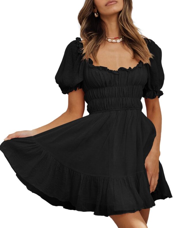 Women Square Neck Puff Sleeve Mini Dresses Ruffle Elastic Waist A-Line Elegant Summer Casual Flowy Mini Dress