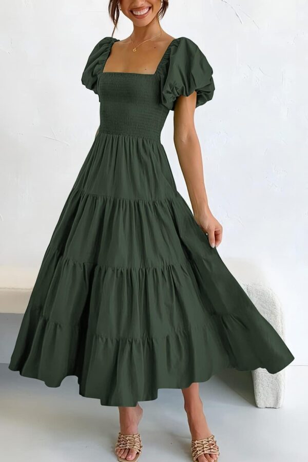 Women Casual Summer Midi Dress Puffy Short Sleeve Square Neck Smocked Tiered Ruffle Dresses - Image 2