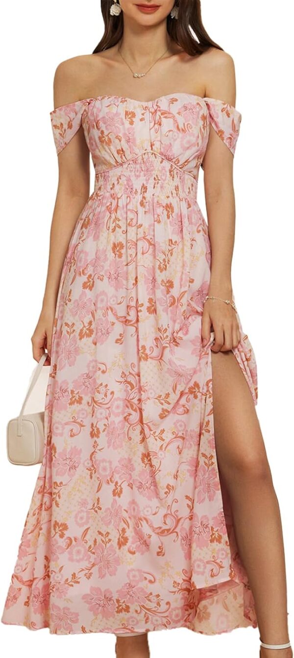 2025 Women Summer Floral Print Flowy A Line Maxi Dresses Sleeveless Smocked Off Shoulder Dress