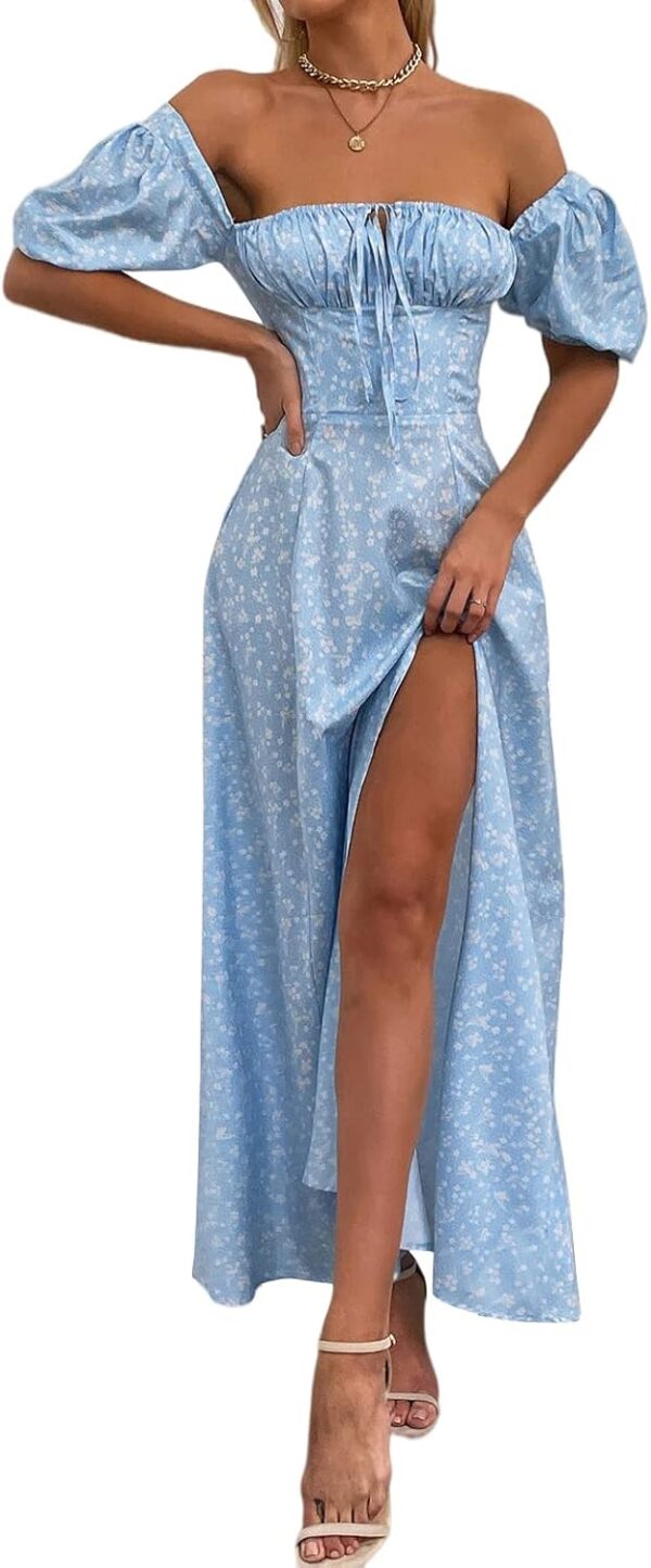 Women Summer Puff Sleeve Floral Split Maxi Dress Flowy A Line Casual Beach Long Dresses 2025