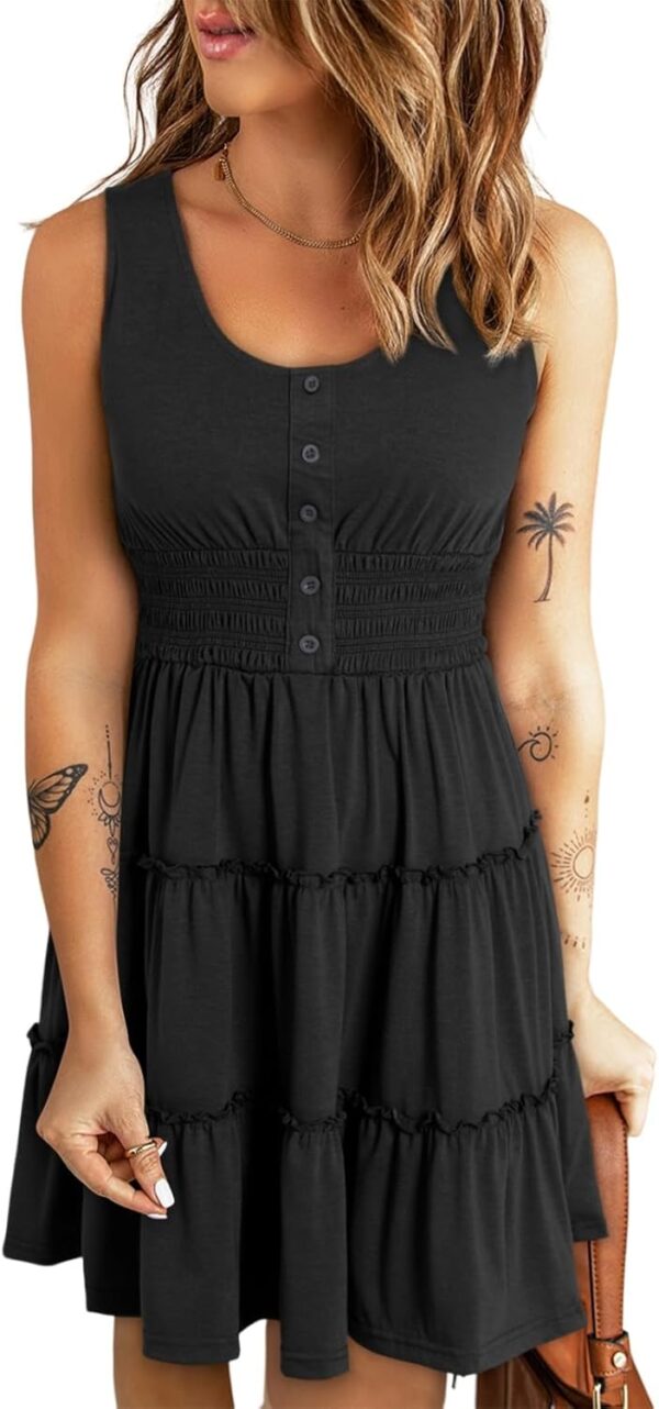 Women Summer Dresses 2025 Sleeveless Button Down Smocked Empire Waist Ruffle Tiered Casual Swing Mini Dress