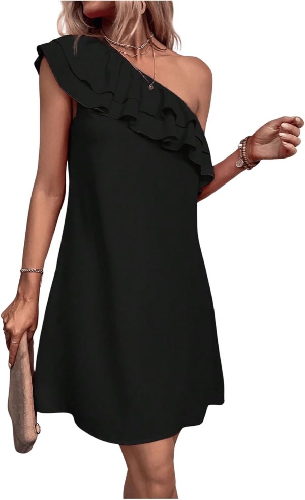 Women One Shoulder Tiered Layered Sleeveless Ruffle Trim Tunic Dress