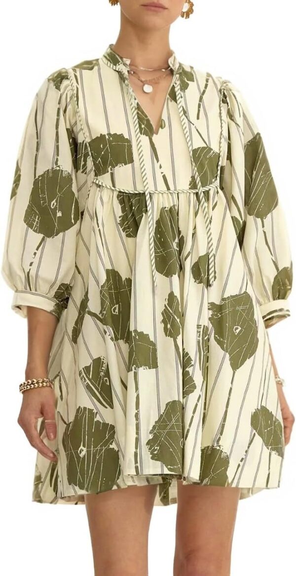 Women Floral Babydoll Mini Dress V Neck 3/4 Puff Sleeves A Line Flowy Swing Summer Sun Dresses