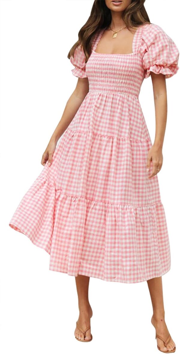 Women 2025 Bohemian Summer Plaid Square Neck Puff Sleeve Ruffle Flowy Beach Midi Dress