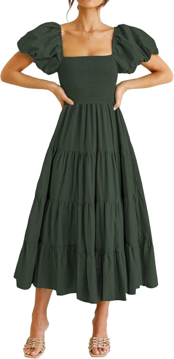 Women Casual Summer Midi Dress Puffy Short Sleeve Square Neck Smocked Tiered Ruffle Dresses
