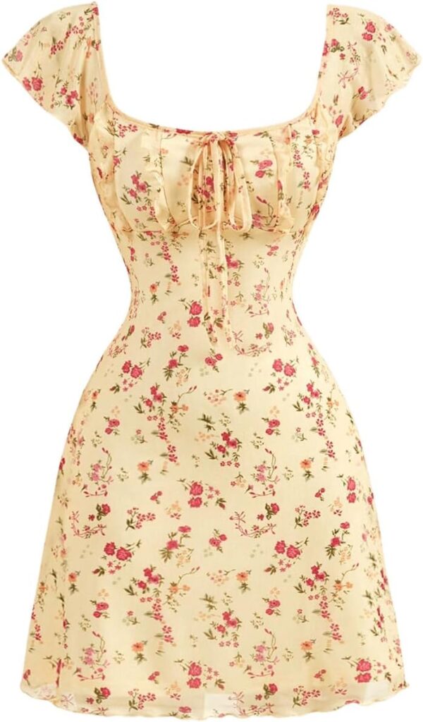 Women Vintage Floral Dress Summer Cap Sleeve Mini Dresses Going Out Beach Short Dress