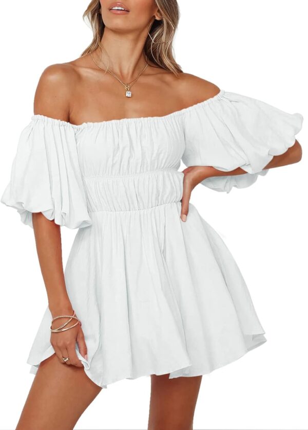 Women Off The Shoulder Summer Dresses 2025 Short Lantern Sleeve Ruffle Elastic Waist A-Line Casual Mini Dress