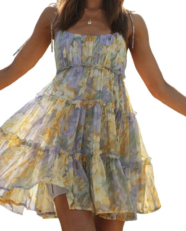 Women 2025 Summer Floral Mini Dress Boho Flowy Skater Dresses Short Sleeveless Ruffle Spaghetti Strap Dress