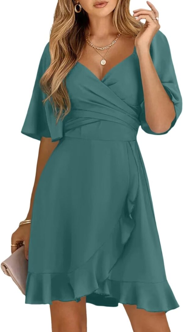 Women Wrap V Neck Short Flared Sleeve Wedding Guest Dress Smocked Elastic Waist Tiered Belted Ruffle Hem Mini Dress