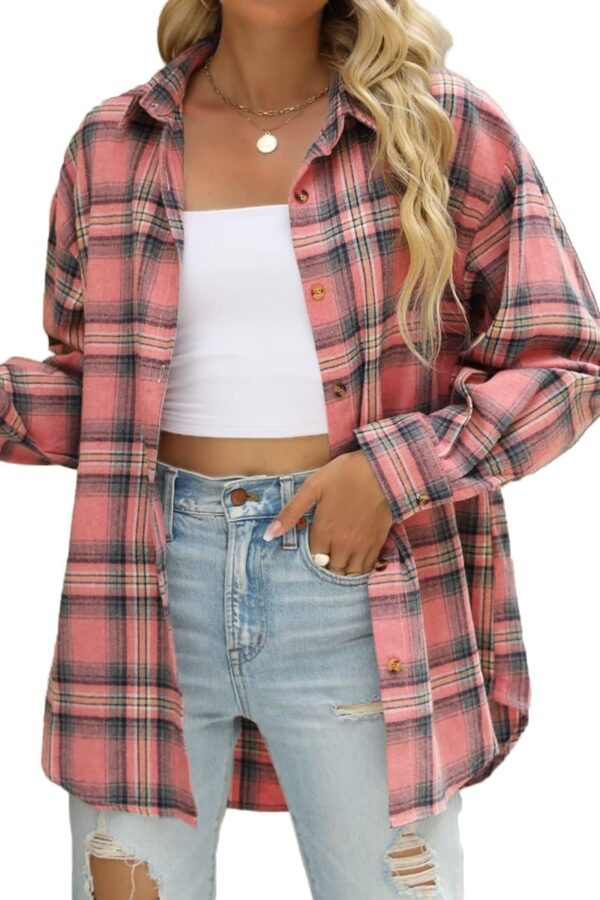 Women Button Down Flannel Shirts Long Sleeve Plaid Shackets Business Casual Blouse Top