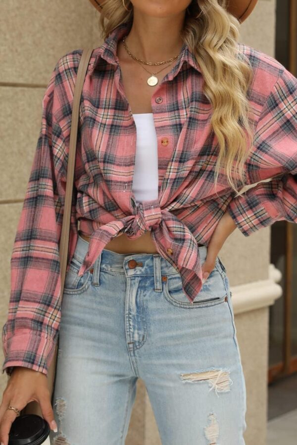 Women Button Down Flannel Shirts Long Sleeve Plaid Shackets Business Casual Blouse Top - Image 2