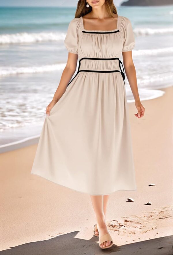 Women Off The Shoulder Midi Dress Summer Square Neck Puff Short Sleeve Casual Flowy A Line Beach Dresses - Image 2