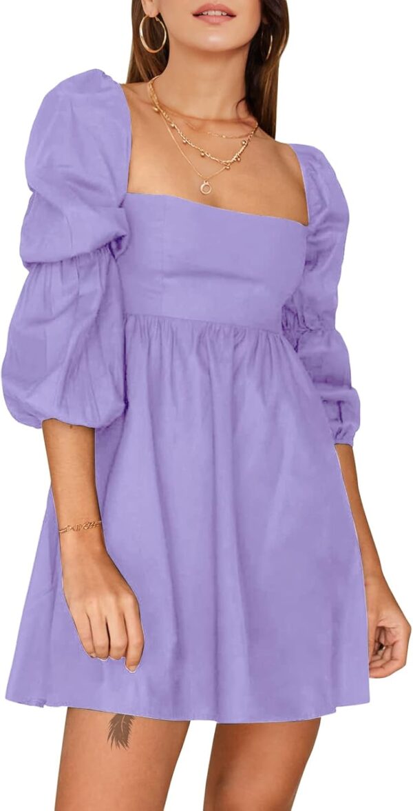 Women 2025 Square Neck Dress Long Puff Sleeve A-Line Casual Short Mini Dresses