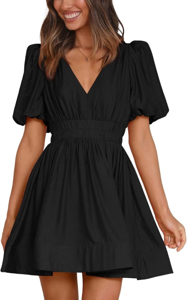 Women Mini Dress Short Puff Sleeve Sexy V Neck Dress A-line Elastic High Waisted Casual Flowy Summer Dresses