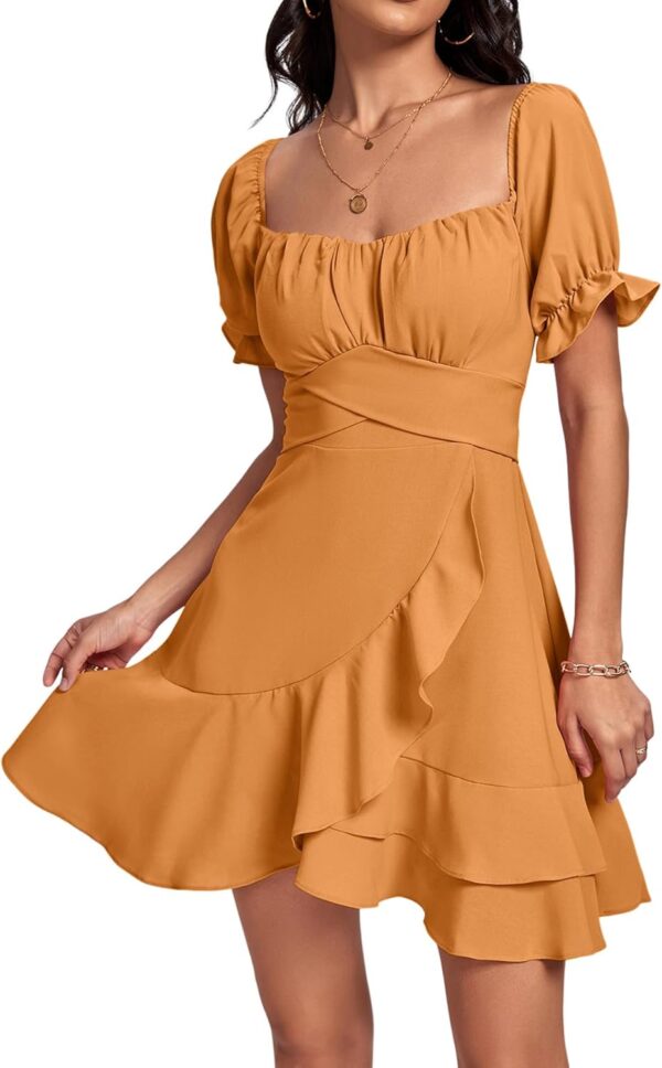 Women Square Neck Ruffle Wrap Mini Dress Off Shoulder Flounce Short Sleeve A Line Flowy Dress