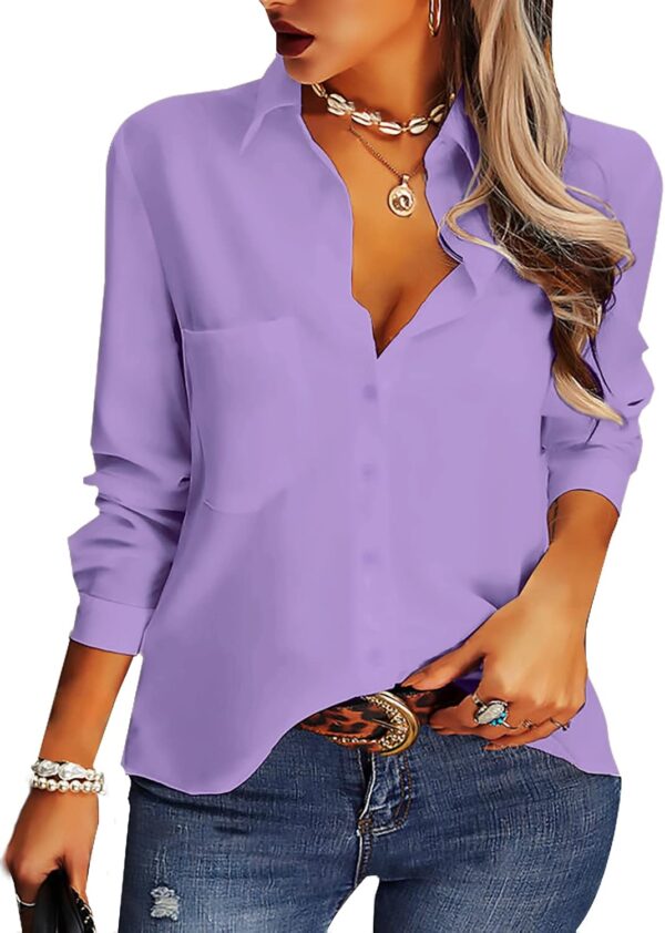 Women Casual Button Down Shirts V Neck Chiffon Long/Short Sleeve Collared Office Work Blouses Tops with Pocket
