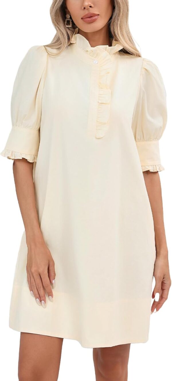 Women Puff Short Sleeve Stand Ruffle Collar Summer Dress Casual A Line Shift Mini Dress with Pockets