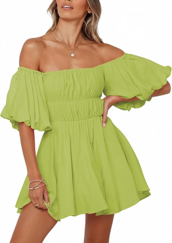 Women Off The Shoulder Summer Dresses 2025 Short Lantern Sleeve Ruffle Elastic Waist A-Line Casual Mini Dress