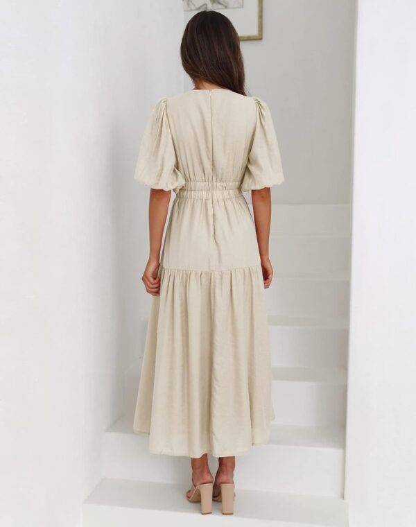Women Summer V Neck Short Puff Sleeve A Line Tiered Midi Dress - Image 2