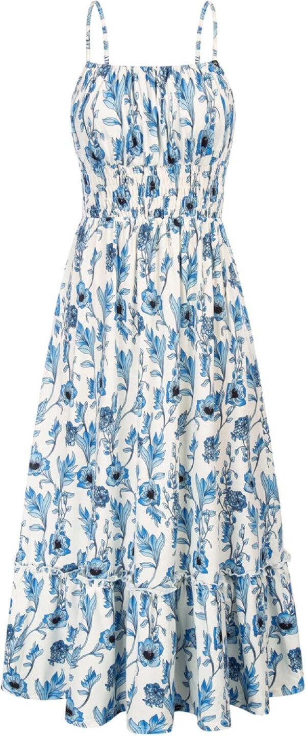 Women 2025 Summer Maxi Dress Sleeveless Floral Spaghetti Strap Smocked Boho Beach Long Dress with Pockets