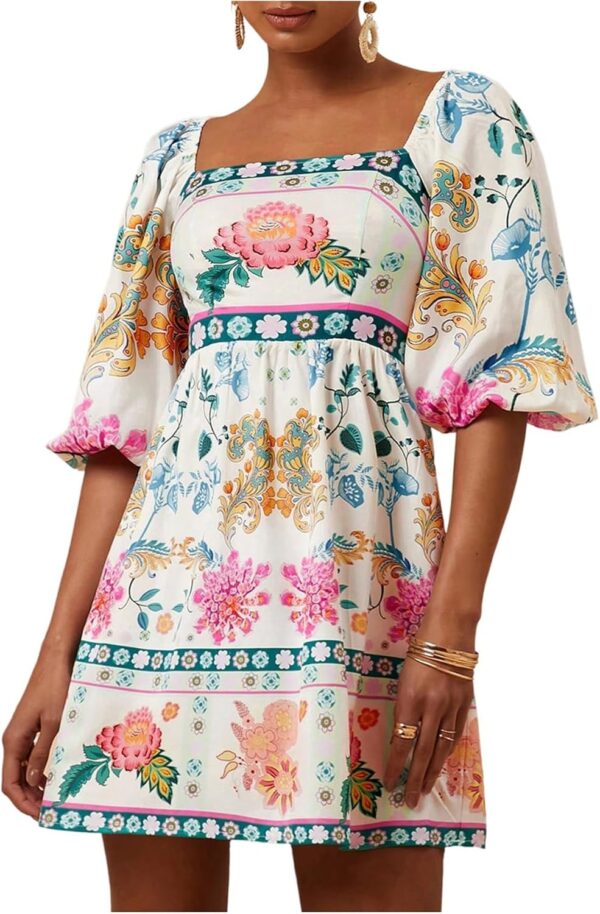 Women Floral Print Dress Square Neck Puff Sleeve A Line Short Boho Summer Dresses