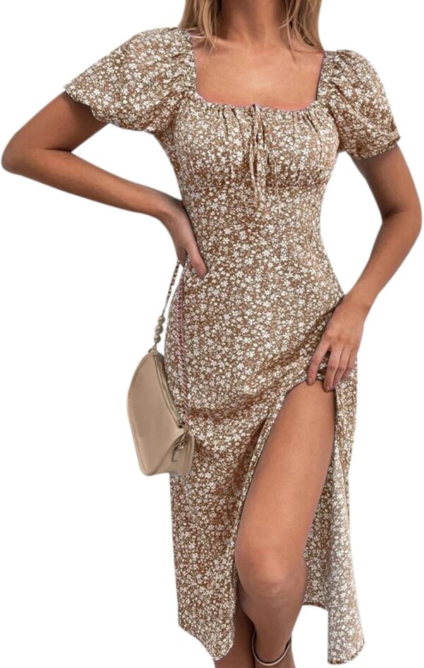 Women Floral Summer Casual Dress Square Neck Puff Sleeve Boho Midi Dresses Ruched Bust High Waist Split Long Dress - Image 2