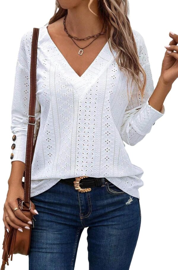 women Tops Dressy Casual V Neck Long Sleeve Buttons Hollow Out Lace Embroidered Blouses Shirts