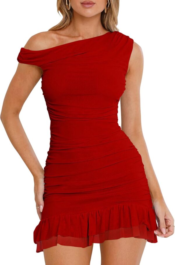Women One Off Shoulder Sleeveless Bodycon Ruched Mesh Ruffle Hem Mini Dress
