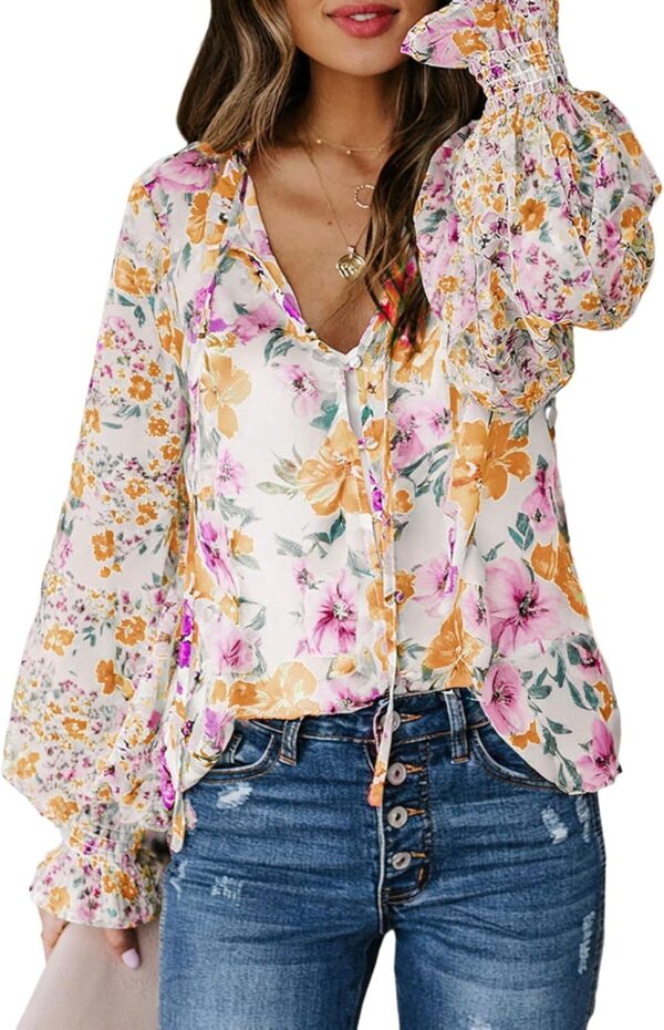 women Casual Boho Floral Print V Neck Long Sleeve Drawstring Tops Loose Blouses Button Down Shirts