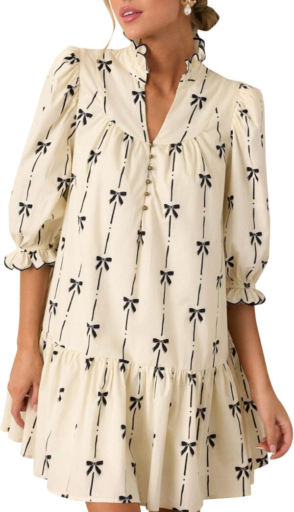 Women Puff Three-Quarter Sleeve Mini Dress Mock V Neck Babydoll Short Dress with Bow Print