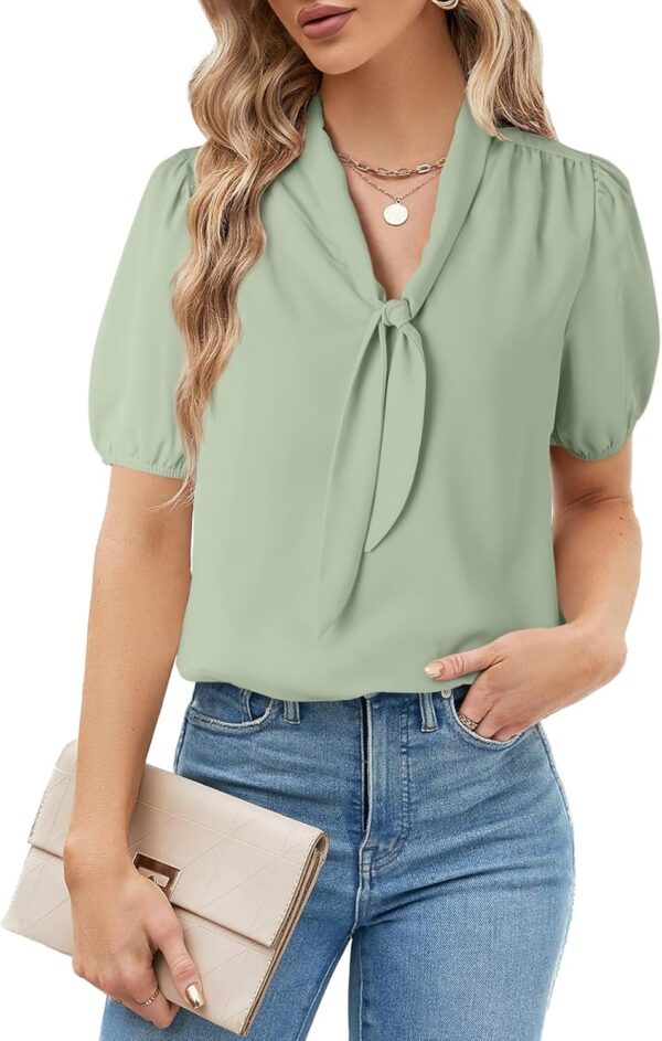 Blouses for Women Dressy Short Sleeve Tie Knot V Neck Shirts Business Casual Tops