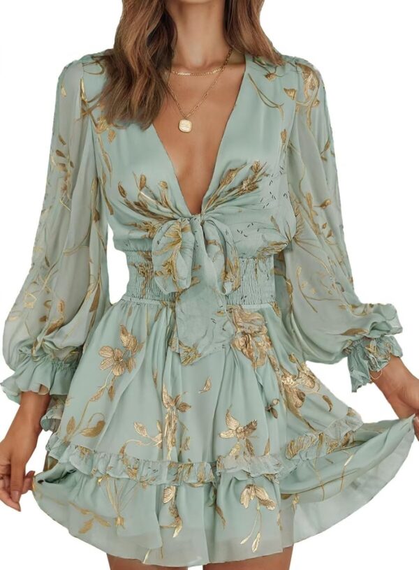 Women Casual Spring Summer 2025 Deep V Neck Knotted Tiered Chiffon Elegant Mini Short Swing Skater Dresses
