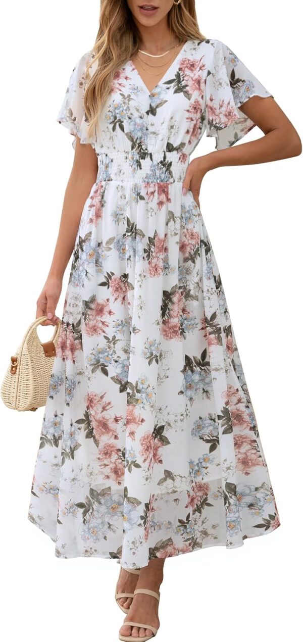 Women Summer Floral Maxi Dress Casual V Neck Short Sleeve Chiffon Boho Flowy Beach 2025 Wedding Guest Long Dresses