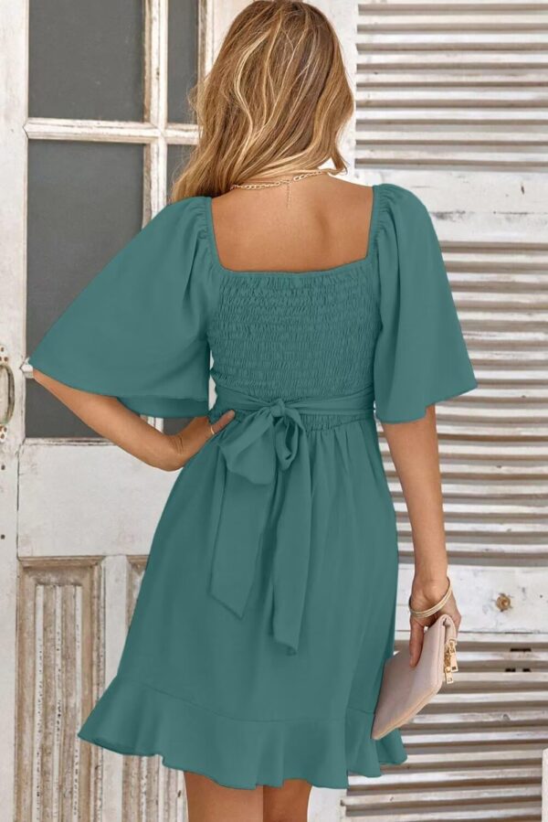 Women Wrap V Neck Short Flared Sleeve Wedding Guest Dress Smocked Elastic Waist Tiered Belted Ruffle Hem Mini Dress - Image 2