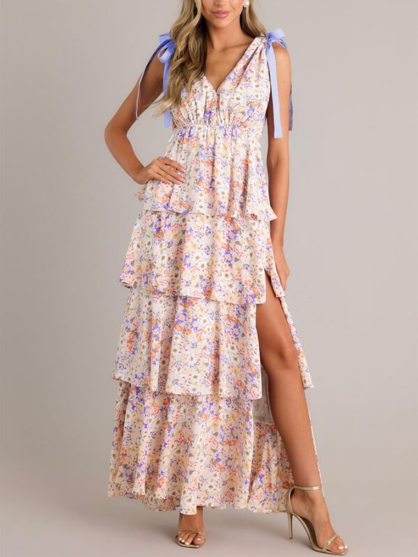 Women Summer Floral Maxi Dress Tie Strap Sleeveless V Neck High Slit Boho Ruffle Tiered Beach Dresses - Image 2