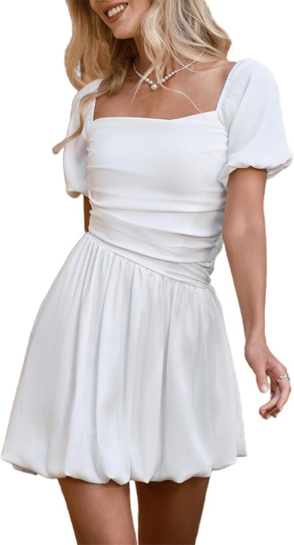 Women Square Neck Short Puff Sleeve Bubble Dress Smocked Ruched Dresses Casual Wear