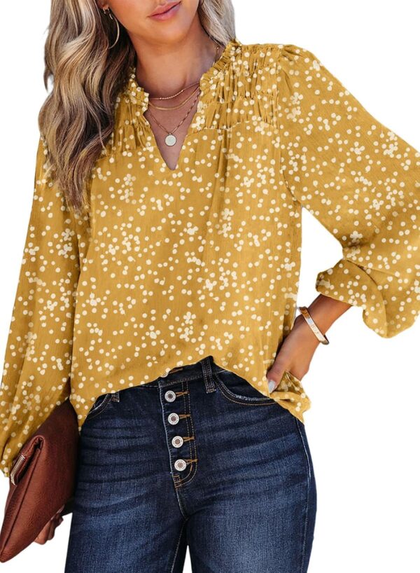 women Casual V Neck Floral Print Smocked Long Sleeve Chiffon Blouses Bohemian Top Shirts