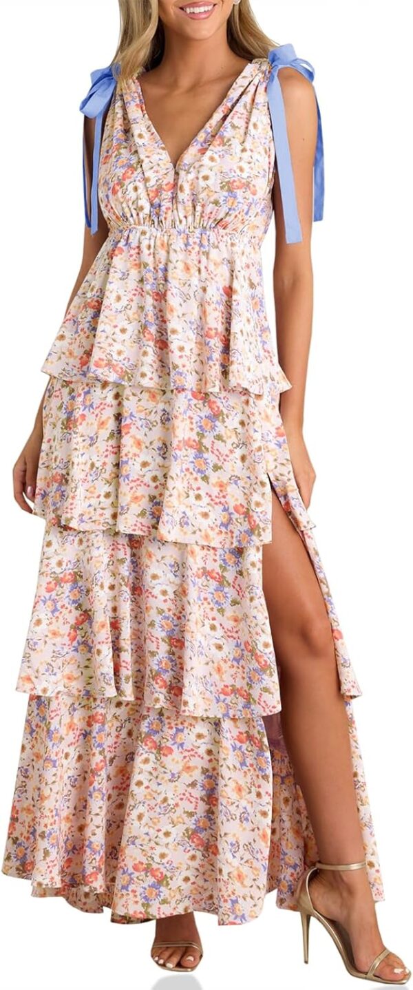 Women Summer Floral Maxi Dress Tie Strap Sleeveless V Neck High Slit Boho Ruffle Tiered Beach Dresses
