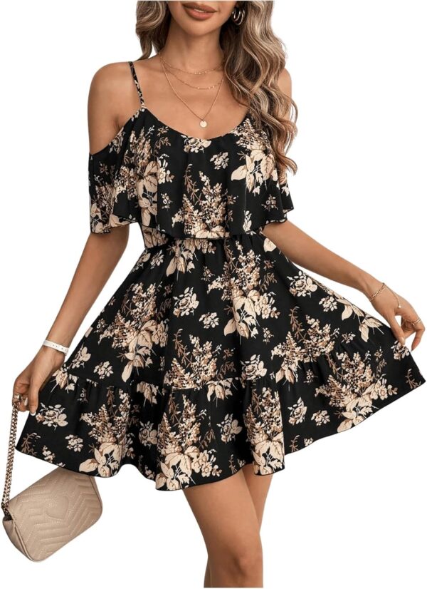 Women Boho Floral Print Cold Shoulder Dress Short Sleeve Ruffle A Line Vacation Elegant Mini Dresses