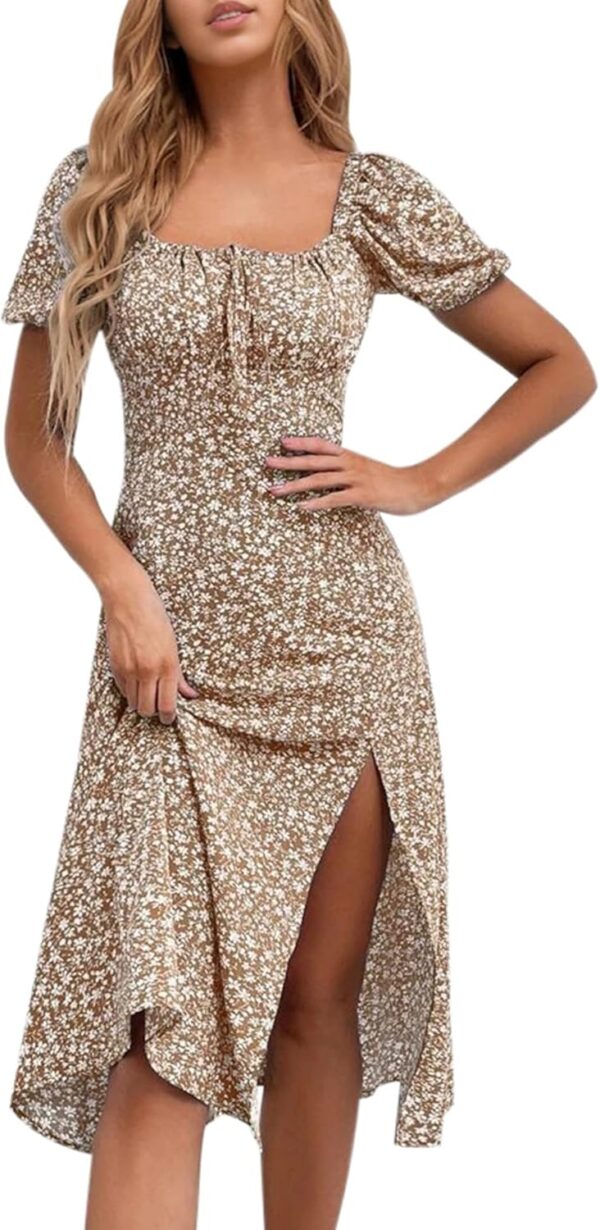 Women Floral Summer Casual Dress Square Neck Puff Sleeve Boho Midi Dresses Ruched Bust High Waist Split Long Dress
