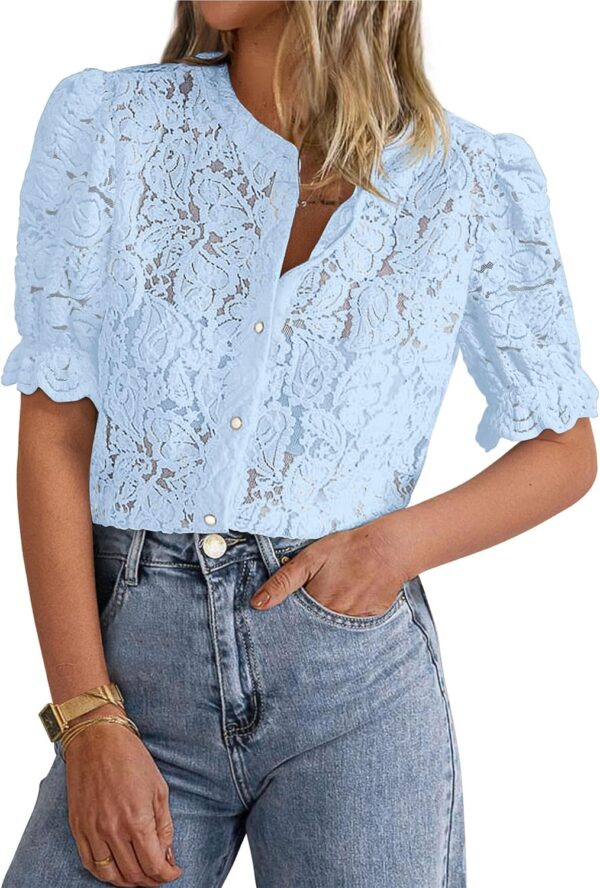 Women Summer Lace Tops Short Puff Sleeve Casual Dressy Blouses Eyelet Crew Neck Button Down Shirts