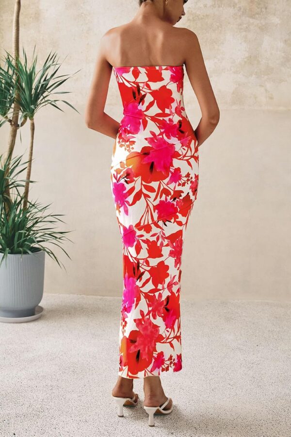 Women 2025 Summer Floral Bodycon Maxi Dresses Ribbed Strapless Tube Casual Boho Party Long Dress - Image 2