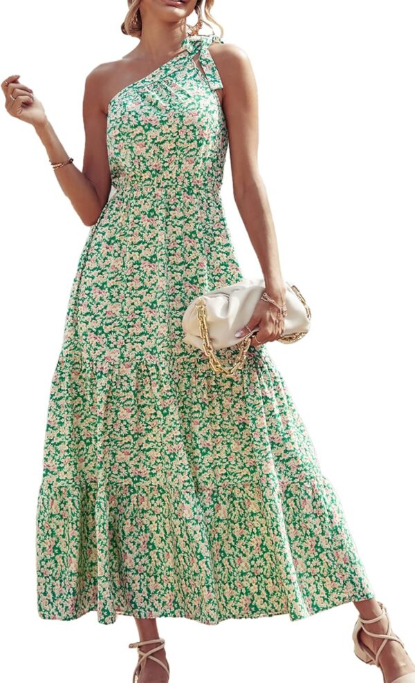 Women Summer Floral One Shoulder Maxi Dress Knot Ruffle Boho Beach Vacation Wedding Guest Long Dresses