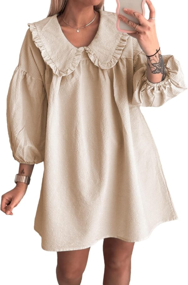 2025 Women Babydoll 3/4 Puff Sleeve Plaid Mini Dress Lapel Doll Collar Loose Y2k Dress