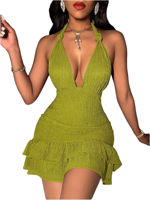 Women Summer Halter Bodycon Mini Dress Sexy Deep V Ruffle Party Cocktail Cami Dresses